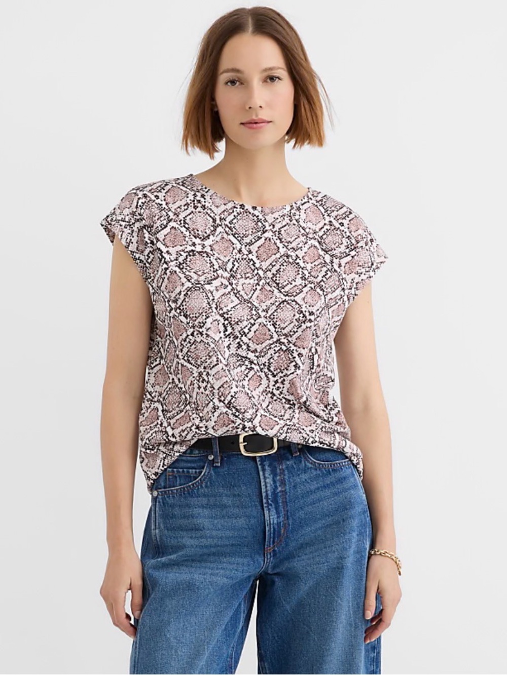 LOFT Pink and Black Snake-Print Cap Sleeve Tee